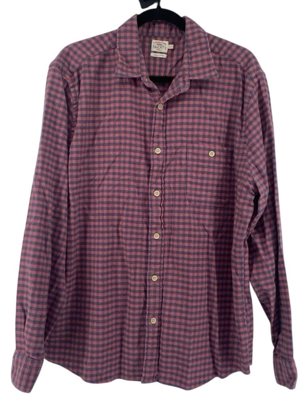 Faherty Men Long Sleeve Button Flannel Shirt Size Large Organic Cotton Red Blue